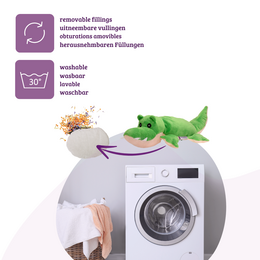 Cuscino termico, la borsa dell'acqua calda naturale come un grande peluche caldo a forma di coccodrillo con imbottitura di miglio biologico ed erbe salutari
