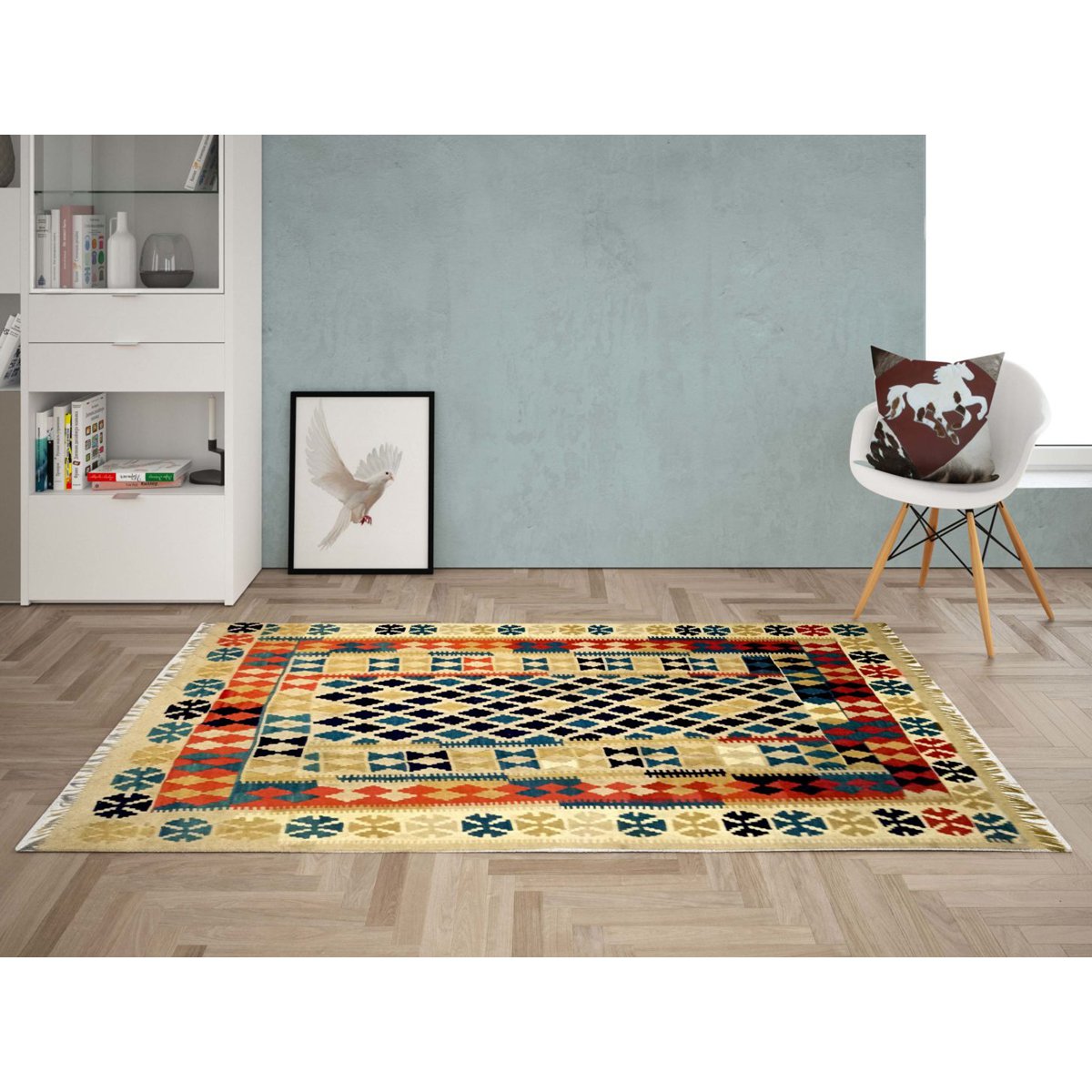 Ręcznie robiony dywan kilim z kremem mlecznym