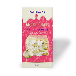 White chocolate bar with pistachio and cotton candy flavors, packaged in a pink and white wrapper with a fluffy, feathery texture.