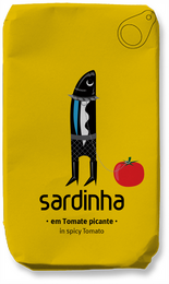 Canned sardines in spicy tomato sauce with olive oil. Sardine fish in a yellow package with a graphic illustration.