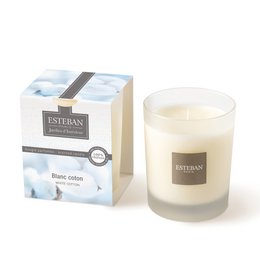  White cream scented candle, cotton fragrance, cylindrical glass jar, minimalist design, luxury home decor