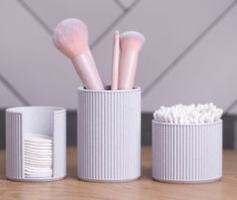 Minimalist Marble Bathroom and Vanity Organizer Set – Ribbed Design | Makeup Brush Holder, Cotton Pad Dispenser and Cotton Swab Container