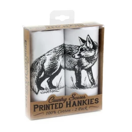 Pack of 6 handkerchiefs featuring a printed fox design. Made of soft, absorbent cotton material. Suitable for men's personal care and grooming.