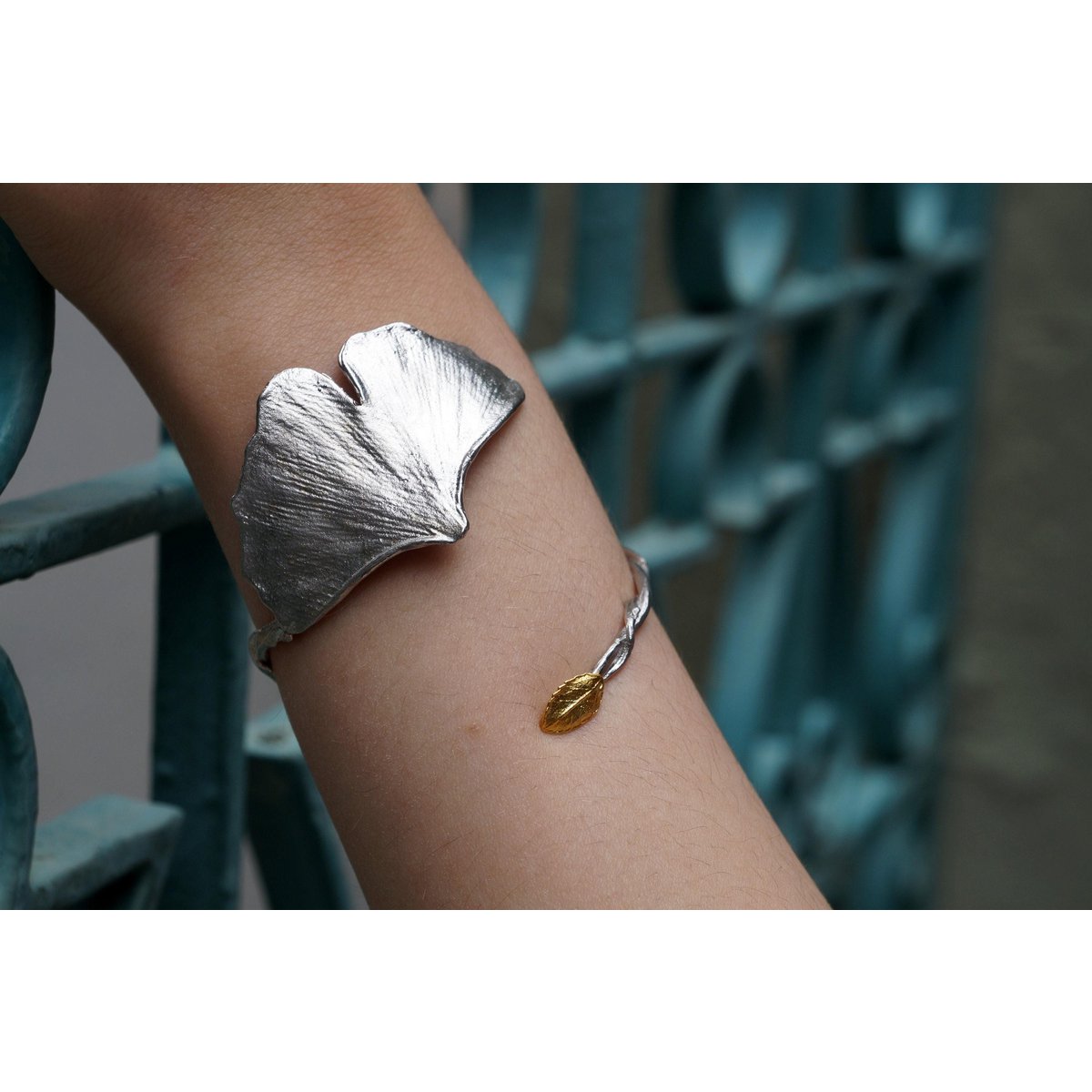Nature-Inspired Silver Cuff Bracelet, Ginkgo Leaf with Rose Accent (Adjustable)