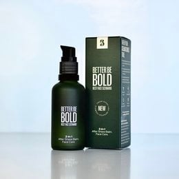 2-in-1 after shave balm and face care product with a green and black bottle design. The product is described as "Better Be Bold" and is suitable for post-shave use.