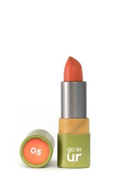 Creamy poppy pink lipstick with a vibrant, long-lasting color.