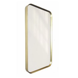 Rounded steel frame mirror with gold finish, available in 50x150 cm and 50x90 cm sizes, suitable for wall mounting.