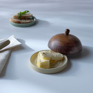 Ceramic Butter Dish Mango Wood Lid - Yellow Stripe - Kitchen Decor