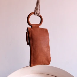 Cognac Leather Circular Handle Clutch 