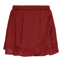 A burgundy-colored, knee-length skirt with a textured, dotted pattern and a flowy, ruffled hem. Suitable for casual or dressy occasions.