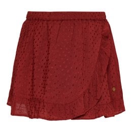 A burgundy-colored, knee-length skirt with a textured, dotted pattern and a flowy, ruffled hem. Suitable for casual or dressy occasions.