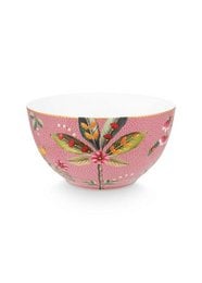 A round, pink ceramic bowl with a floral pattern featuring leaves and flowers in shades of pink, yellow, and green.