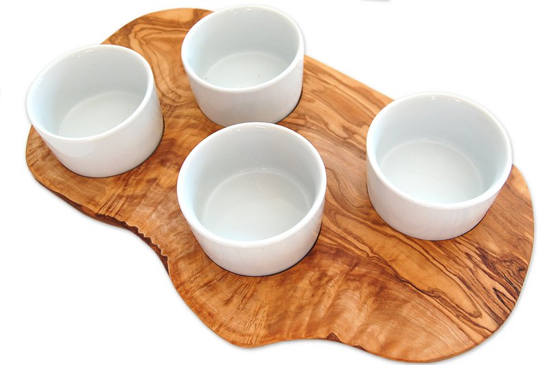 Serveerplank voor dipsauzen incl. 4 porseleinen schaaltjes
