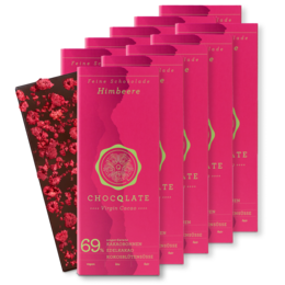 Organic raspberry-flavored chocolate bars in a vibrant pink packaging.