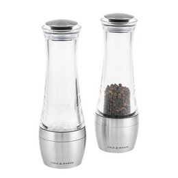 Precision+ Stemless Amesbury Pepper and Salt Mill Set, 19cm, clear glass with stainless steel accents, adjustable grind settings, suitable for salt and pepper.