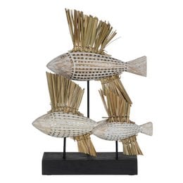 Decorative natural fish statue, 30 x 10 x 40 cm, made of woven straw, featuring a unique fish-like shape and textured surface.