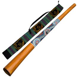  Wooden didgeridoo, 130cm long, painted with colorful aboriginal-style patterns, includes an ikat carrying bag. This wind instrument is suitable for children and adults.