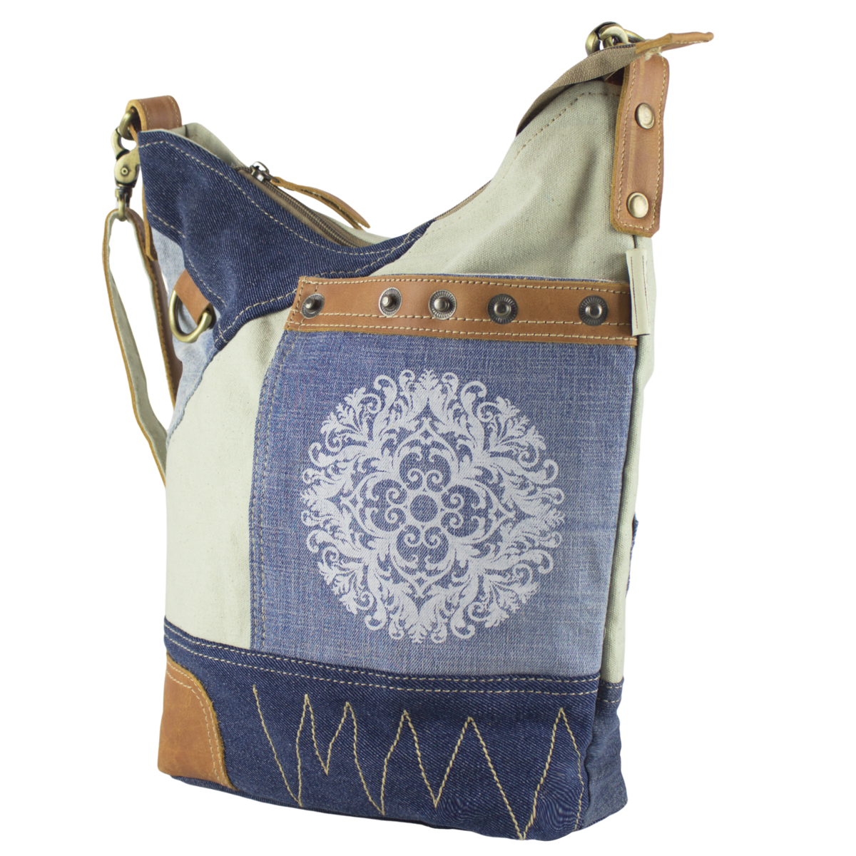 Sunsa dames schoudertas. Schoudertas gemaakt van upcycled jeans en canvas. Handtas vintage retro-stijl. Crossbodytas voor dames met mandala print