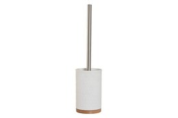 Tall, cylindrical white bamboo resin brush holder with stainless steel handle. Designed for bathroom storage and organization.