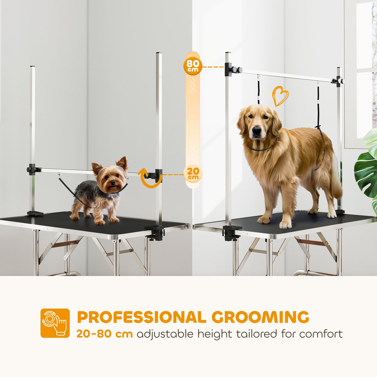Trimming table for dogs, dog grooming table, foldable, pet grooming table with height-adjustable boom, slings, non-slip surface, shearing table up to 150 kg, 91.5 x 61.5 x 76 cm, black