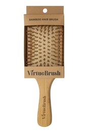 Bamboo paddle hair brush with natural bristles for gentle hair detangling and styling. Rectangular shape with wooden handle.
