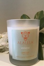 Tall, round, white scented candle with a Verveine (lemon verbena) fragrance.