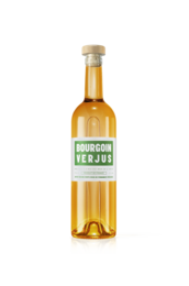A bottle of Verjus Bourgoin, a juice product. The bottle has a golden-colored liquid and a cork stopper.