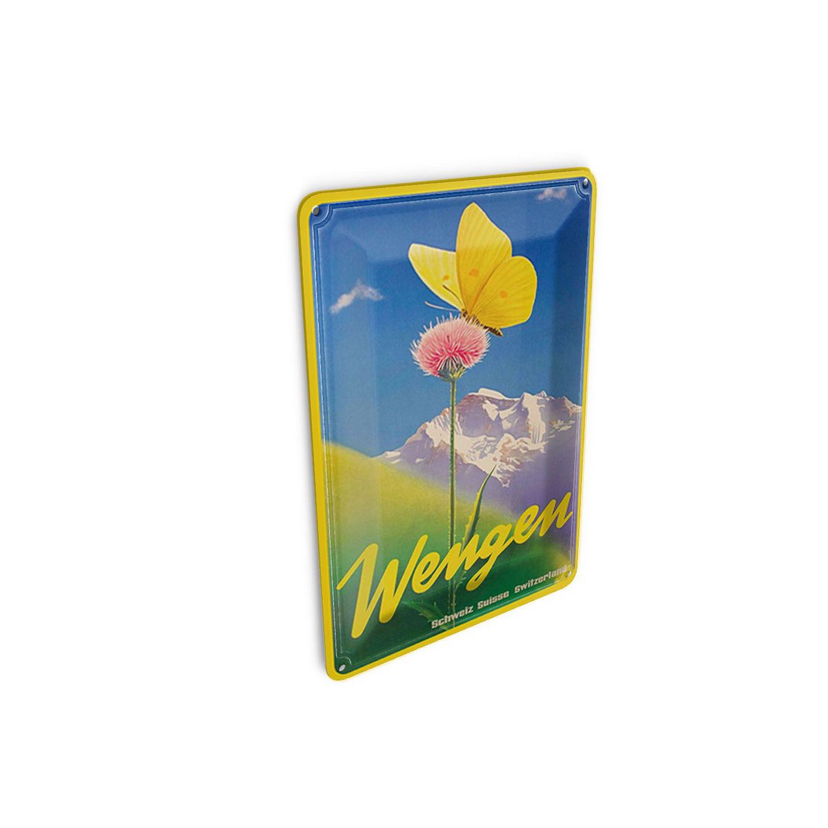 Cartolina da viaggio in latta 10x14 cm Wengen Svizzera fiore con farfalla insegna decorativa