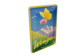 Cartolina da viaggio in latta 10x14 cm Wengen Svizzera fiore con farfalla insegna decorativa