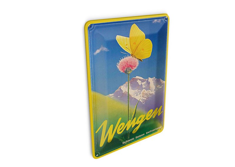 Cartolina da viaggio in latta 10x14 cm Wengen Svizzera fiore con farfalla insegna decorativa