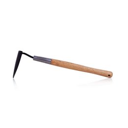 Pointed garden hoe with a wooden handle, suitable for digging and cultivating soil in gardens and outdoor spaces.