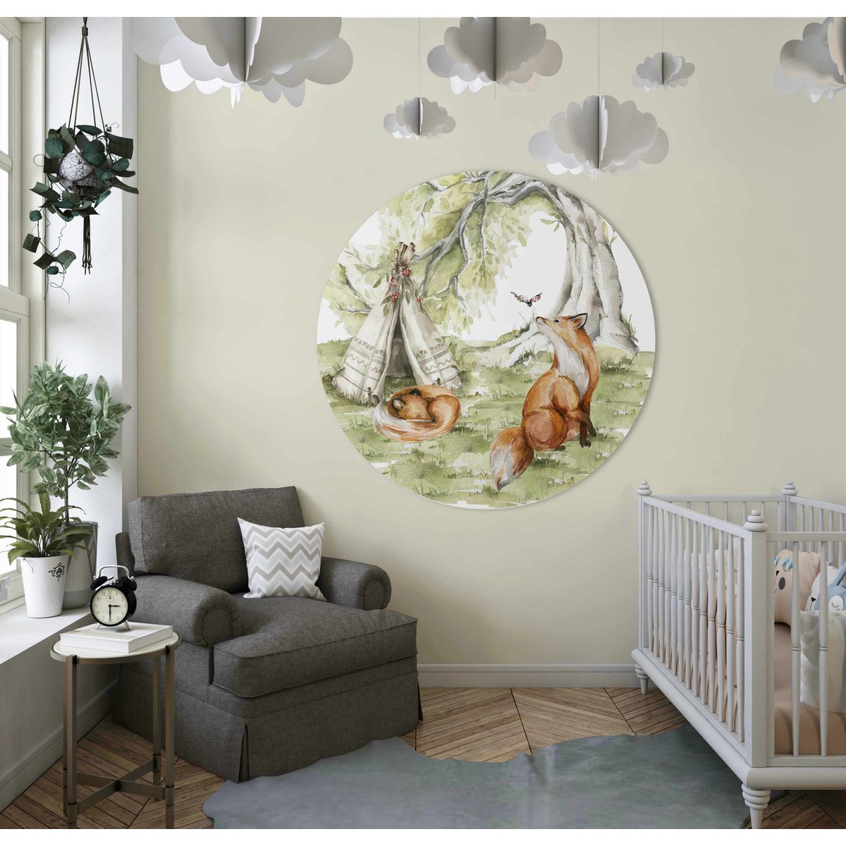 Papel pintado autoadhesivo círculo - Zorros en el bosque | habitación infantil | desde Ø 60 cm