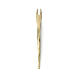 Gold-colored table fork with a long, slender shape and pointed tines.