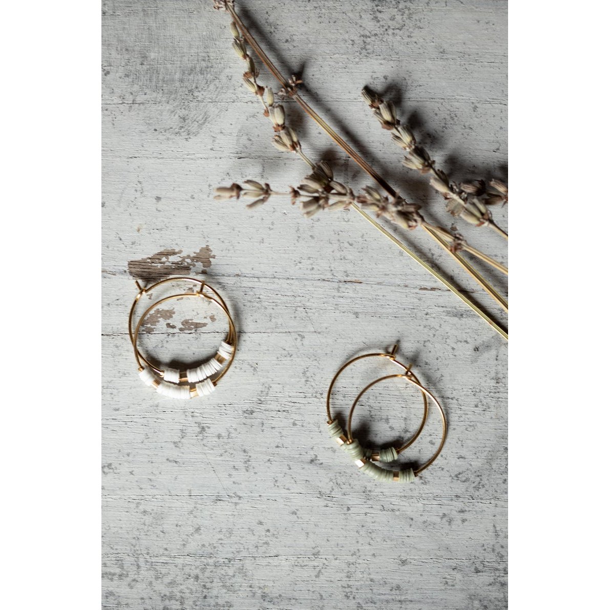 Litha hoop earrings, golden khaki sun, matt gold and sequins