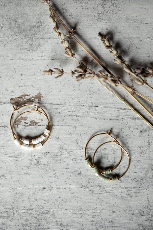 Litha hoop earrings, golden khaki sun, matt gold and sequins