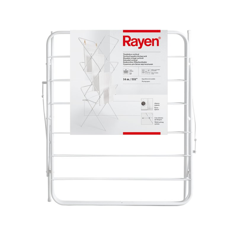 Rayén | Vertikale Wäscheleine, einfach zusammenklappbar, 14 m Trockenfläche, mit Beinverriegelungssystem, mit rutschfesten Stoppern, 61 x 138 x 44,5 cm