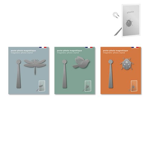 Assortiment van 9 magnetische metalen fotohouders - libel / vogel / lieveheersbeestje