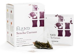 Sencha Currant - 15 Pyramid Box. Green tea blend with currants, offering a sweet and tart flavor profile.