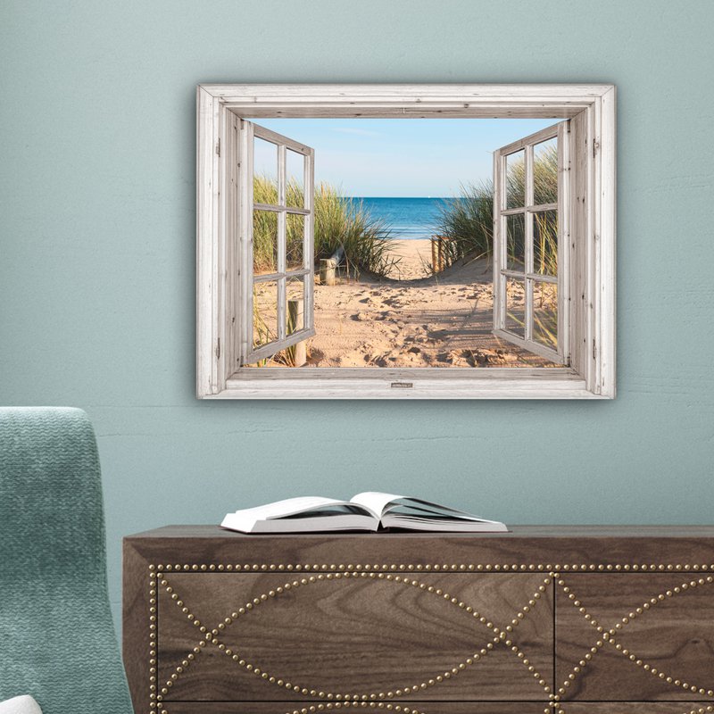 Canvas Maleri - Wall Decoration - View - Beach - Sea - Dunes - Sand - Water - Helmgras