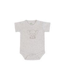 Ecru baby romper with elephant graphic design, short sleeves, and available in sizes 0M to 12M.