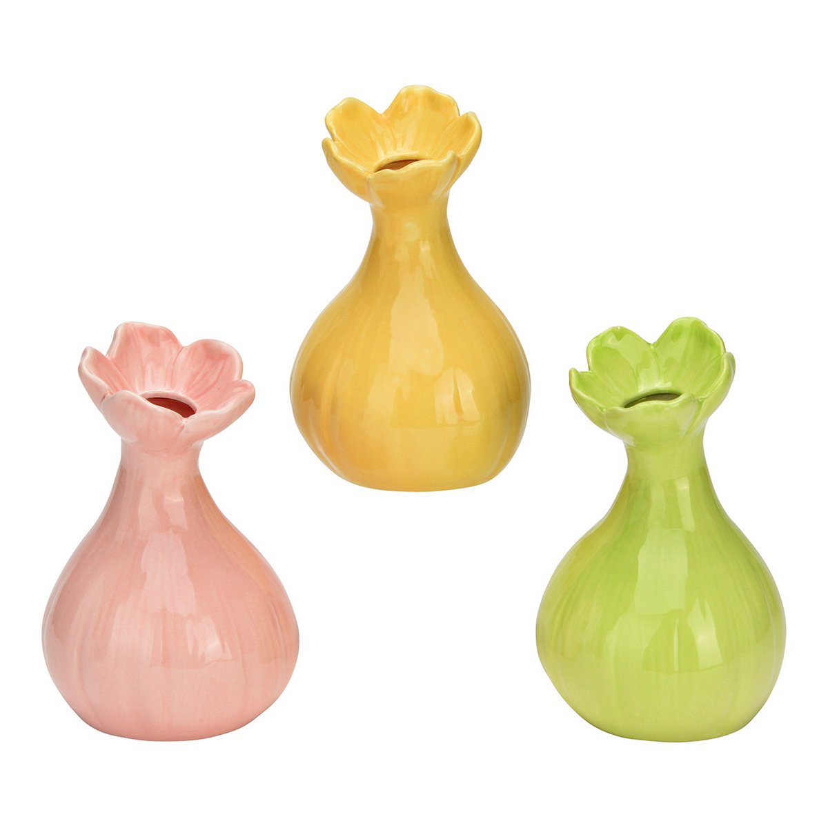 Ceramic vase, triple, pink/yellow/green (b/h/t) 9x15x9cm
