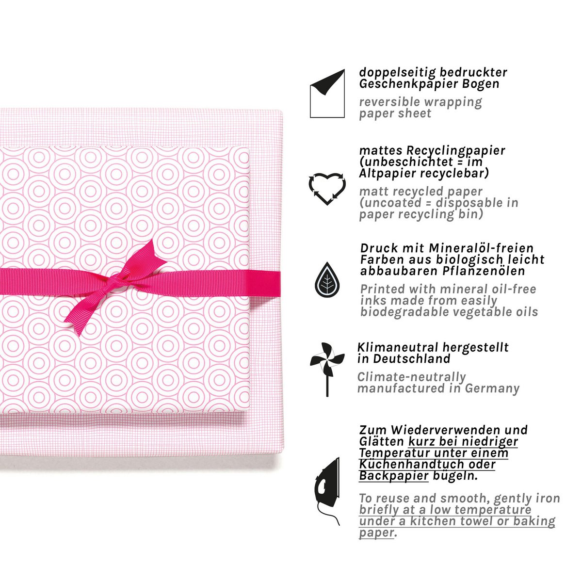 Papier d'emballage rose géométriquement avec des cercles, du papier d'emballage graphique en rose tendre pour des cadeaux de naissance, du baptême ou comme papier d'emballage pour l'anniversaire des enfants