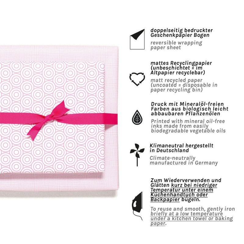 Papier d'emballage rose géométriquement avec des cercles, du papier d'emballage graphique en rose tendre pour des cadeaux de naissance, du baptême ou comme papier d'emballage pour l'anniversaire des enfants