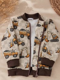 # Product Description

Construction vehicles, bulldozers, excavators, cream beige tan brown, long sleeves, bomber jacket, kids.