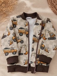 # Product Description
Construction vehicles, bulldozers, excavators, cream beige tan brown, long sleeves, bomber jacket, kids.
