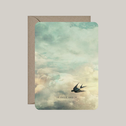  Condolence card with swallow bird, sky clouds, "thinking of you" text, kraft envelope, sympathy greeting card.