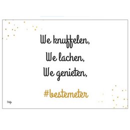 A postcard with a text in German that says "We sniff, we laugh, we enjoy. #bestmeter" with a decorative border of stars.