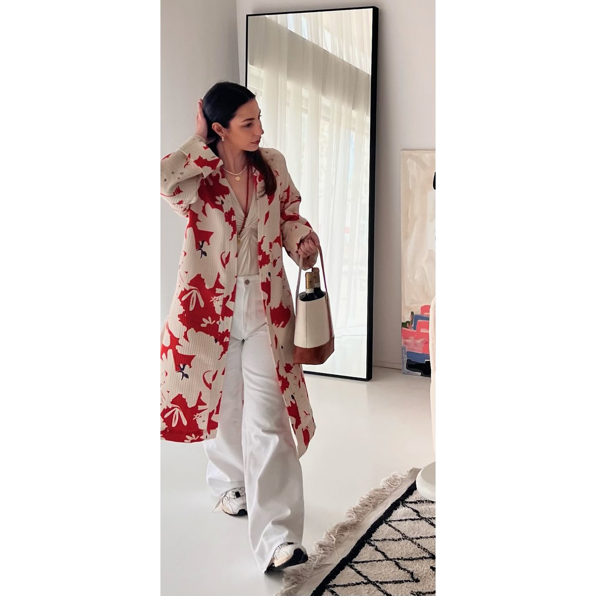 Sakura Kimono - 100% katoen met eigentijds patroon in sakura rood en gebroken wit, te gebruiken als bad- of huisjas maar ook als jasje