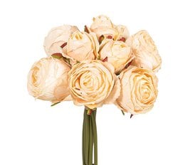 Cream-colored rose bouquet, artificial floral arrangement with lush, full blooms and green stems.