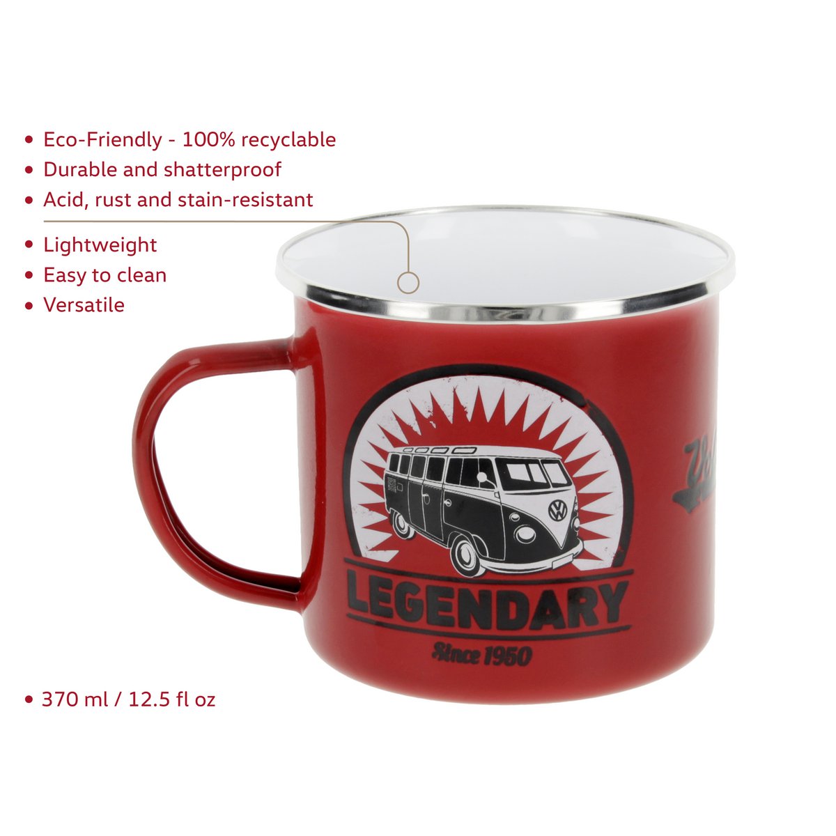 Volkswagen VW T1 Bus Emaille-Tasse, 500 ml, in Geschenkbox – Vintage/Rot